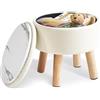 IBUYKE 13" Piccolo Poggiapiedi Ottomano con Contenitore, Pouf Poggiapiedi Rotondo con Sedile Imbottito e Coperchio, Poggiapiedi Mini in Pelle PU per Ingresso Divano Soggiorno, Beige WBD023W