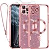 Kokio Glitter Magnetica Cover per iPhone 11 Pro Max con Cordino, Compatibile con MagSafe, Brillantini Sottile Silicone TPU Antiurto Custodia per iPhone 11 Pro Max con 2 Vetro Temperato Bumper, Rosa