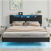 KeepGoon Letto imbottito 160 x 200 cm, comodino con illuminazione a LED, presa USB, barra di pressione dell'aria, letto matrimoniale con cassetta, letto sospeso, materiale PU, testiera con vano