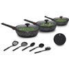 Avilia Set Padelle Antiaderenti Nero 12 Pezzi - Effetto Pietra con Manici Removibili | Utensili da Cucina con Coperchi in Vetro | Utilizzabile su Induzione, Gas e Forno