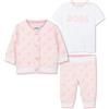 BOSS per ragazzo. J52187 Set interlock 3 pezzi rosa, bianco, Casual, Manica corta, Manica lunga, Cotone biologico, Sostenibile, moda per bam