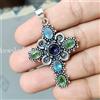 Lavoro manuale Ciondolo moda croce in argento sterling 925 con ametista, topazio blu e pietr...