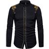 FAWHEWX Moda Uomo Oro Ricamo Design Risvolto Slim Fit Maniche Lunghe Camicia Elegante da Uomo Camicia Jacquard di Lusso da Uomo Camicia da Ballo(B-Nero/S)