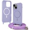 Bigcousin Magnetica Cover con Cordino per iPhone 15 Plus,[Compatibile con MagSafe], Cover in Silicone, Regolabile Cordino da Collo Nylon Catena Collana Tracolla,Viola