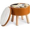 IBUYKE 13" Piccolo Poggiapiedi Ottomano con Contenitore, Pouf Poggiapiedi Rotondo con Sedile Imbottito e Coperchio, Poggiapiedi Mini in Pelle PU per Ingresso Divano Soggiorno, Giallo- Marrone WBD023J
