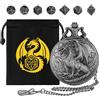DND NURD Mini set di dadi DND, con contenitore a forma di orologio da tasca a tema steampunk con drago in piedi, 7 dadi poliedrici in metallo D&D, regali DND con logo del drago, sacchetto regalo, accessori per