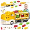 deAO Camion Trasportatore di Dinosauri con 6 Macchinine - Giocattolo per Bambini dai 3 ai 6 Anni | Con Luci e Suoni, funzionamento a batteria (senza batterie). 6 Macchinine da Corsa e Segnali Stradali
