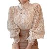 FENGQIYUNHAI Elegante pizzo Trim Camicie Casual vittoriano Camicetta manica lunga Button Down Top, Albicocca, L