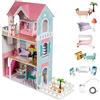 Mamabrum Casa delle Bambole in Legno XXL - Grande Casa Bambole con 3 Piani, LED, Giardino e Accessori - Casa delle Barbie in Legno con Mobili - Giocattolo Educativo per Bambine 3+ Anni