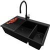 PRIMAGRAN Lavandino da Cucina Tutto Nero 78x50cm, Lavello da Cucina a 2 vasche + Sifone Classico + Rubinetto 40x13cm + Accessorio, Lavabo da Cucina Incasso al mobile 80cm - Oslo Duo