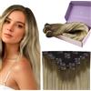 fshine Extension con clip in capelli veri, 40 cm, 120 g, 7 extension per capelli veri, clip in capelli veri, clip in capelli veri, colore marrone castagno, balayage biondo miele mix biondo platino 6