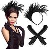 BBTO Set di 2 Pezzi Accessori Anni '20 Flapper Cerchietto Fascia per Capelli con Piume Guanti Lunghi Neri da Opera Copricapo Vintage per Donna Sposa per Halloween Matrimonio (Nero, Vintage)