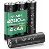 KAMCY 1,2V Pile Ricaricabili AA - Batterie AA ricaricabili, ad alta capacità, 2800 mAh, batterie Ni-MH, pronte all'uso, ricaricabili fino a 1500 volte, pro, nere, confezione da 4
