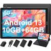 SUAAT 2025 Tablet Android 13 da 10 pollici 10GB RAM + 64GB ROM (1TB TF)| 5G + 2.4G WiFi| GPS | Bluetooth 5.0 | 8MP + 5MP | Touch Tablet con custodia, Nero