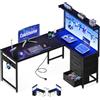Coleshome Scrivania Gaming con LED, 130 x 100 cm Reversibile Tavolo Gaming con Cassetti e Prese, Scrivania Angolare con Ripiani e spazio di archiviazione, Nero