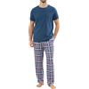 TeJoyce Pigiama Uomo Estivo Corto, Maglietta in Cotone con Maniche Corte e Pantaloni Lunghi a Quadri con Tasche, Abbigliamento Morbido e Traspirante per Casa Uomo (Blu, L)