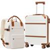 COOLIFE EasyJet Trolley Bagaglio a Mano 55x40x20 e Zaino da Imbarco 20L(40x25x20cm) Set di Valigie, Valigia Bagaglio a Mano, Chiusura a Combinazione Laterale con TSA(Bianco Marrone, Set 2pzs)