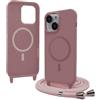 Bigcousin Magnetica Cover con Cordino per iPhone 15,[Compatibile con MagSafe], Cover in Silicone, Regolabile Cordino da Collo Nylon Catena Collana Tracolla,Rosa Gold