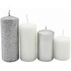 Dekohelden24 Candele a pilastro, candele dell'Avvento, candele a corona dell'Avvento, in argento e bianco, 4 misure - H 5 - 10 cm, Ø 4 cm, 280 g