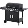 Outsunny Barbecue a Gas con Coperchio, 7 Bruciatori Totali da 20kW e Fornello Laterale, Termometro, Mensola e 2 Ruote, 135x50x100cm Nero