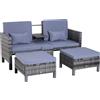 Outsunny Set da Giardino 3 Pezzi con Divano in Metallo 2 Posti e 2 Sgabelli con Cuscini in Rattan PE