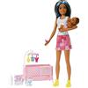 Barbie - Bambola Barbie Skipper Babysitter Nanna 2, playset con bambola e bebè con occhi assonnati che si aprono e si chiudono e accessori a tema, Giocattolo per Bambini 3+ Anni, HJY34