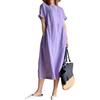 FZKun Abito in Lino E Cotone Stile Giapponese da Donna - Taglie Forti Colore Solido Girocollo Maniche Lunghe Abito Estivo Casual con Tasche vestibilità Ampia Vestiti Midi Basic (3XL,Viola)