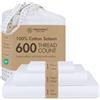 Threadmill Home Linen Set di lenzuola per letto matrimoniale XL, 100% cotone naturale a 600 fili, set di 3 lenzuola bianche in rasatello, comode, cotone pettinato ELS, con tasca profonda elasticizzata