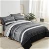 KAKIJUMN Set di biancheria da letto con copripiumino e lenzuola, 7 pezzi, motivo patchwork a righe, per tutte le stagioni, in morbida microfibra (grigio, matrimoniale)