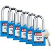 Brady SDPL-BLU-38ST-KD6 - Set di 6 lucchetti di sicurezza con chiave diversa, 1 chiave per serratura, colore blu