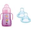 MAM Tazza Trainer, 4+ Mesi, 220 Ml Rosa + MAM - Set 2 Tettarelle Anti Goccia, Flusso Rapido, in Silicone, 4+ Mesi