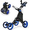 COSTWAY Carrello da Golf a Spinta e a Trazione, Carrello Golf Pieghevole Leggero a 4 Ruote con Borsa Impermeabile, Freno a Pedale, Porta Tazza e Porta Ombrello Regolabile (Blu)
