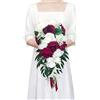 Ciandid Bouquet da sposa a cascata, rose bianche e bordeaux con nastri, bouquet da sposa artificiale, fiori a cascata, per cerimonia nuziale, anniversario, decorazioni per grappoli