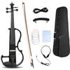 WUQIMUSC Violino elettrico full size silenzioso corpo in legno massello ebano raccordi con custodia, archetto, cuffie, cavo, corde per studenti, principianti e adulti (nero)