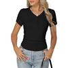 Famrrifuu Maglia Manica Corta Donna Elegante Scollo a V con Bottone Maglietta Basic Top a Coste Leggero Estivo Casual T-Shirt, Nero, XL