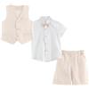 LOLANTA 4PZ Completo Cerimonia Bambino, Ragazzi Paggetto Matrimoni Abito, Bambini Gentiluomo Estate Lino Gilet Pantaloncini Suit Set, Battesimo Prom Compleanno Partywear, Beige, 7-8 Anni, 130