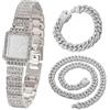 HALUKAKAH Bambini Orologio Diamanti,Placcato Platino,Quadrante Rettangolare Elegante e Casual,Diamanti Pieni Stelle Scintillanti,Orologio Quarzo Cinturino Acciaio Inox,con Catene Cubane 18+40cm