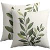 Kawani Federa per cuscino con foglie verde oliva, 55 x 55 cm, con stampa di foglie primaverili e natura, in cotone e lino, per divano, sedia, letto, soggiorno, decorazione