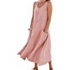 FEATEFACE Abito lungo estivo da donna, in cotone e lino, senza maniche, elegante, con tasche, taglie forti, comodo e largo, rosa, 3XL