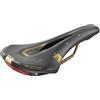 CUCUBA Sella Montegrappa Menador Air Flow in Eco Pelle da Bici per Uso Racing Ebike Mtb Gravel Enduro Imbottitura in Memory Foam con Dispositivo di Sicurezza per Visibilità Notturna (Nero/Gold)