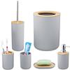 Relaxdays Set Bagno Completo, 6 Accessori, in bambù, Kit WC, Porta-Spazzolino, Dentifricio, Sapone e Saponetta, Grigio