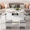 VOWNER Tavolino da Salotto Regolabile in Altezza, Tavolo da Salotto Multifunzionale 4 in 1 con 4 sgabelli, Tavolino da Salotto Convertibile in Tavolo da Pranzo da Salotto, Bianco, 108 x 106 x 68 cm