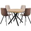 MOMMA HOME - Set tavolo da pranzo rotondo allungabile MDF rovere con gambe metalliche + 4 sedie imbottite in Ecopiel/tessuto, combinazione, legno e metallo, marrone