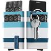 VULKIT Porta carte con tasca elastica e portachiavi, minimalista sottile pop up portafoglio per carte di credito blocco RFID per uomini e donne, Stripe Blu Bianco, Minimalista