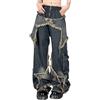 Briskorry Pantaloni jeans da donna a vita alta, con stelle, in denim, Y2K, stile Harajuku, E-Girl Streetwear vintage, a gamba larga, casual, casual, per il tempo libero, hip hop, Blu, L