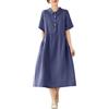 Masrin Abito in mussola da donna, vintage, in cotone, lino, casual, tinta unita, con colletto rovesciato, a maniche corte, con bottoni, sotto il ginocchio, abito estivo, Blu marino, XXL