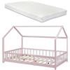 [en.casa] Letto a Casetta per Cameretta con Materasso 120x200 cm Letto Piazza e Mezza per Bambini con Barriere Struttura in Legno di Pino - Rosa/Bianco