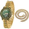 Halukakah Orologio con Diamanti Verdi per Ragazzi,Bambini - Placcato in Oro 18 Carati,Quadrante Rotondo Verde da 32mm,Quarzo Giapponese - Lunghezza 19.5cm - Include Catena Cubana 40cm - per Compleanni