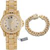 HALUKAKAH Orologio con Diamanti Iced Out,Uomo Placcato in Oro 18 Carati Quadrante Rotondo Largo 39MM Quarzo Cinturino 22,5cm,con Catena Cubana Bracciale 20cm,Viene Fornito con Scatola Regalo