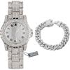 HALUKAKAH Orologio con Diamanti Iced Out,Uomo Placcato in Platino Oro Bianco Quadrante Rotondo Largo 39MM Quarzo Cinturino 22,5cm,con Catena Cubana Bracciale 20cm,Viene Fornito con Scatola Regalo